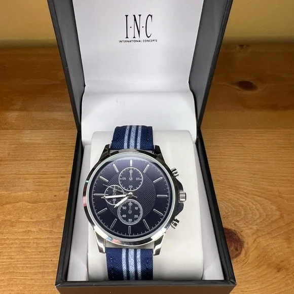 INC Men’s Navy Blue & White Striped Denim Strap Watch 42mm - Picture 8 of 9